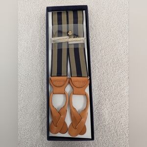NIB Brooks Brothers Men's O/S Green Striped Adjustable Leather Suspenders Formal